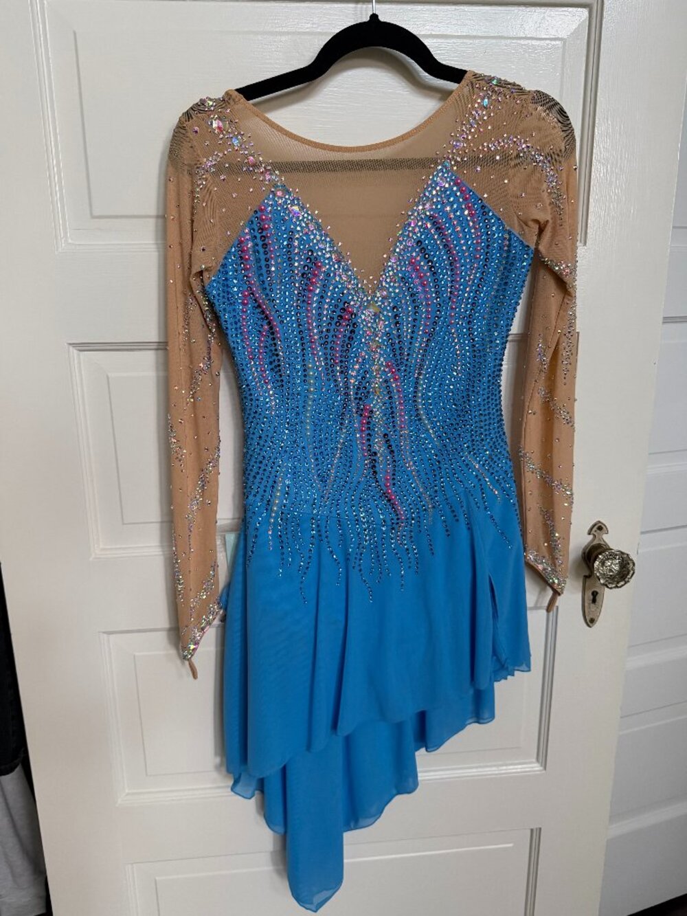 Custom Figure Skating Competition Dress – Bright Blue Rhinestone Long Sleeve